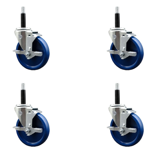5'' SS Solid Poly Swivel 3/4'' Expanding Stem Caster Set with Brake, 4PK
